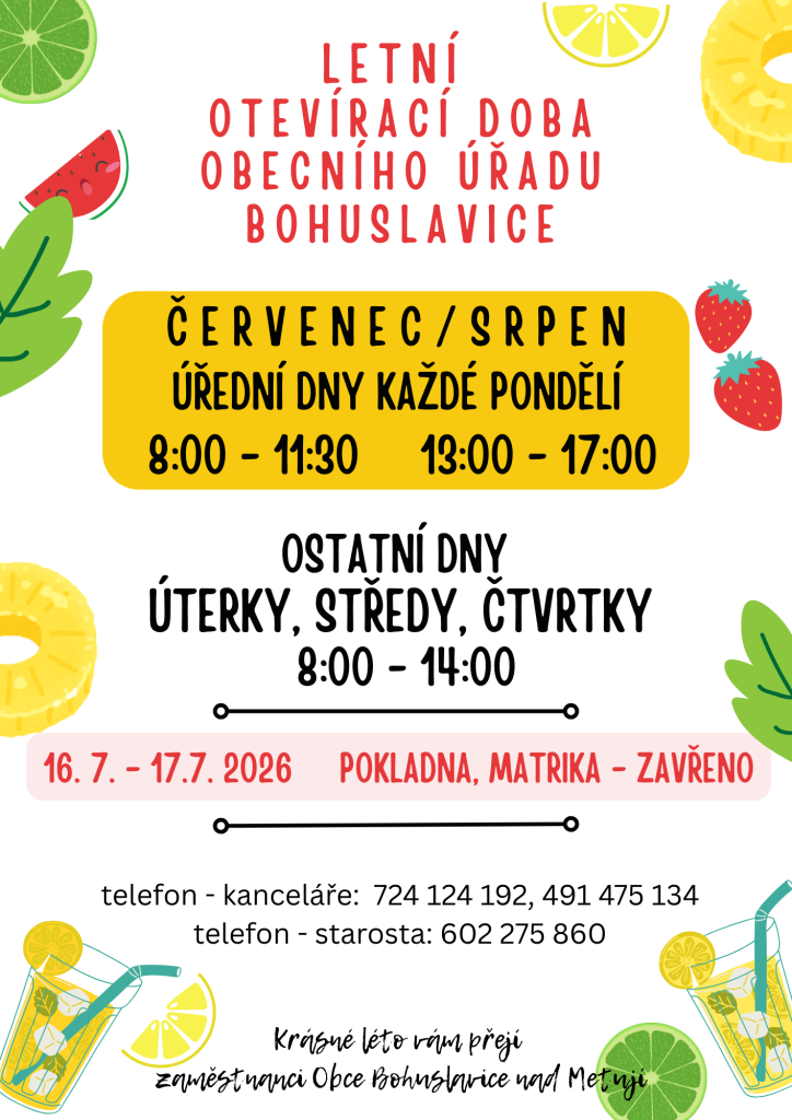 otevírací doba obecního úřadu v&nbsp;létě